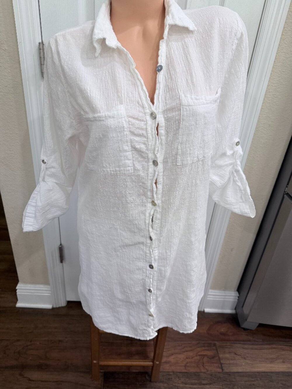Blanco By Nature 100% Cotton Gauze Tunic Shirt Cover Up White L